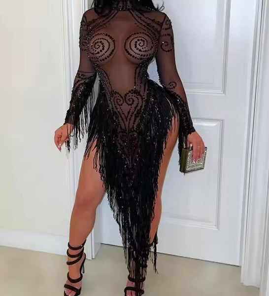 Women Sexy Black Crystal Full Sleeve Asymmetrical Tassel Dress
