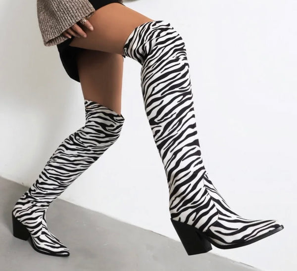 Women Faux Leather Zebra Print Western Boots