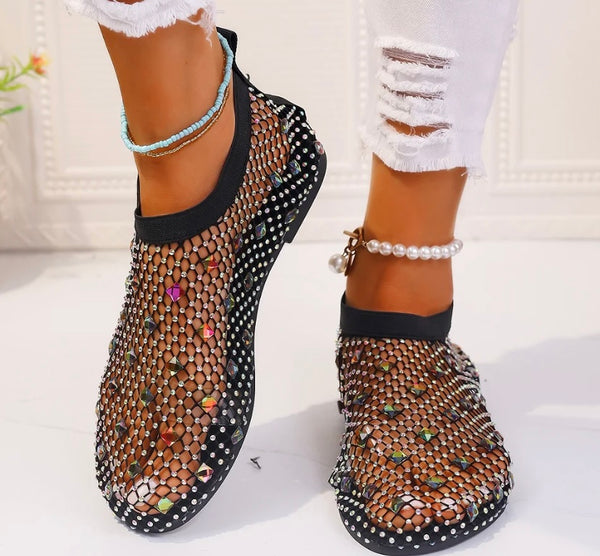 Women Fashion Bling Crystal Netted Flat Sandals