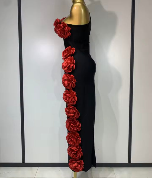Women Black Sexy One Shoulder Full Sleeve 3D Floral Rhinestone Maxi Dress