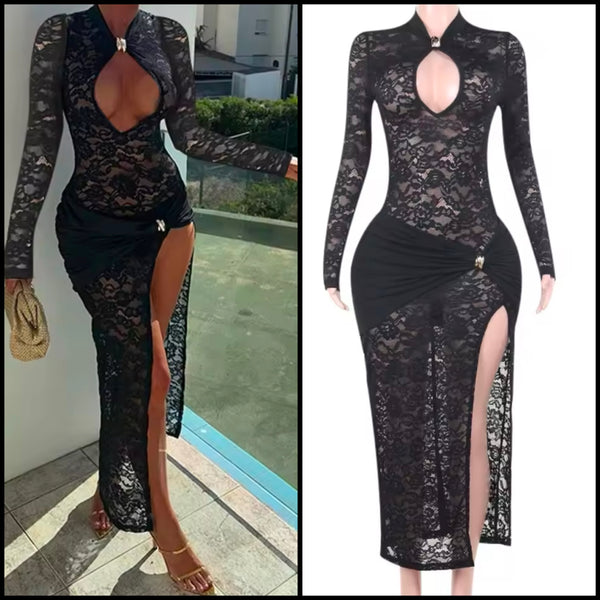 Women Sexy Black Lace Cut Out Full Sleeve Side Split Maxi Dress