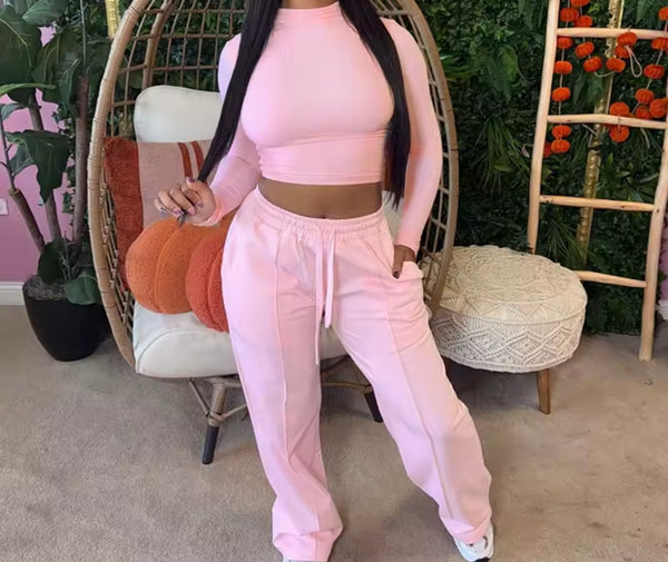 Women Fashion Solid Color Full Sleeve Two Piece Pant Set