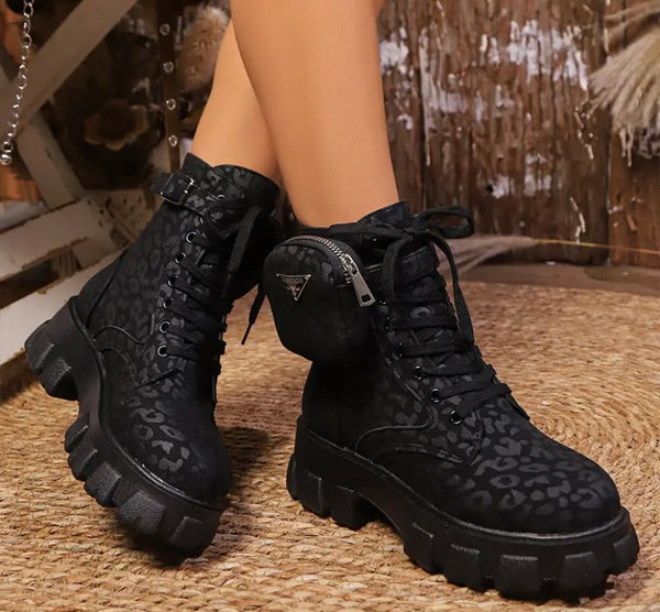 Women Fashion Leopard Print Lace Up Pocket Ankle Boots