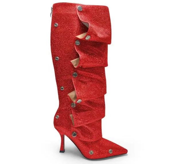 Women Fashion Pointed Toe Bling Button Knee High Boots