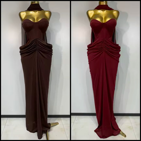 Women Sexy Strapless Ruched Maxi Dress