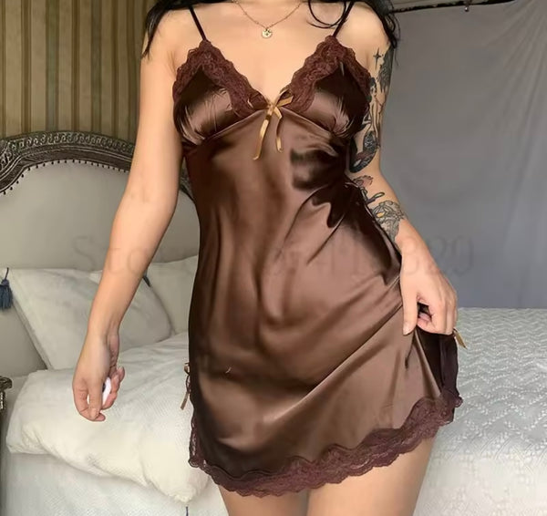 Women Satin Sleeveless Lace Bow Sexy Nightgown Lingerie