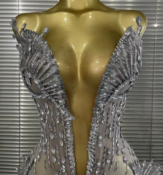 Women Sexy Strapless Silver Rhinestone Mesh Dress