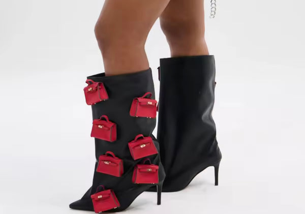 Women Fashion Black/Red Purse Patchwork Knee High Boots