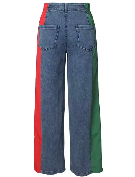 Women Fashion Color Patchwork Striped Denim Pants