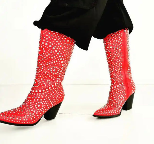 Women Fashion Red Rivet Knee High Western Boots