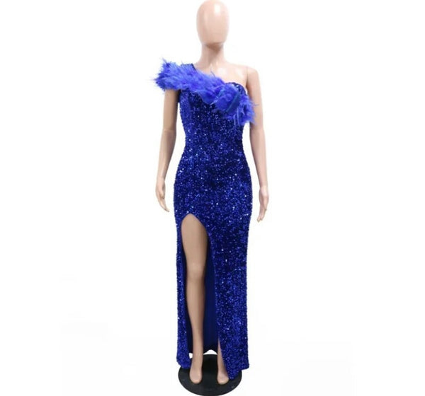 Women Sexy Feather Sequins One Shoulder Side Slit Maxi Dress