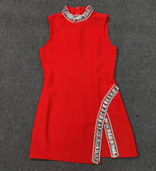 Women Sexy Sleeveless Bling Rhinestone Patchwork Dress