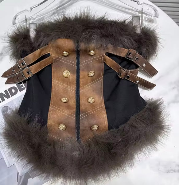 Women Fashion Strapless Fur Patchwork Corset Top