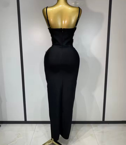 Women Sexy Sleeveless Black Rhinestone Chain Side Split Dress