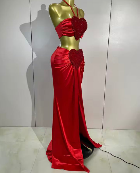 Women Red Halter Sleeveless Bling Heart Two Piece Maxi Skirt Set