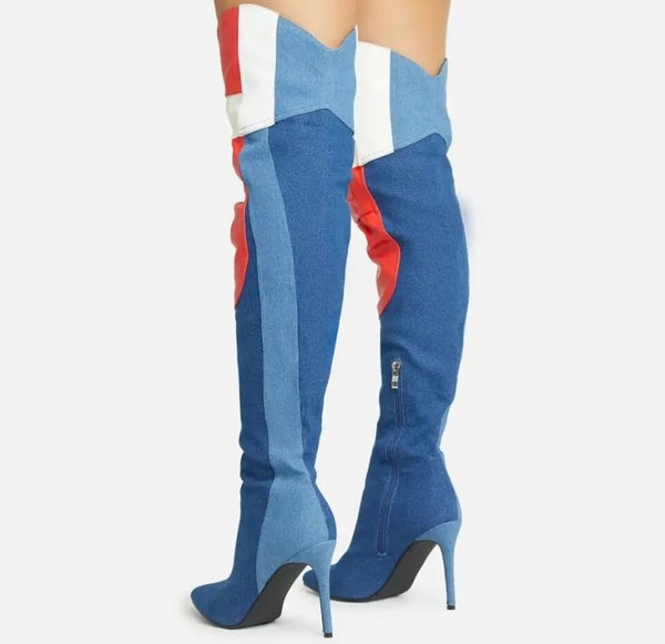 Women Pointed Toe Color Patchwork Over The Knee High Heel Boots