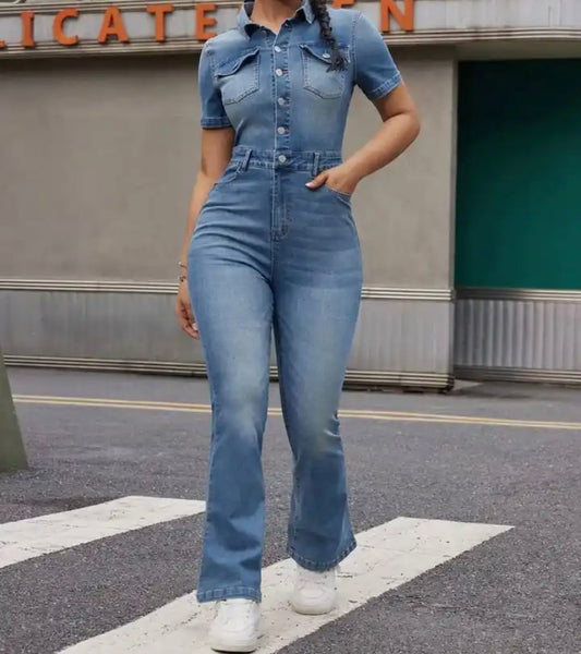 Women Fashion Button Up Short Sleeve Denim Jumpsuit