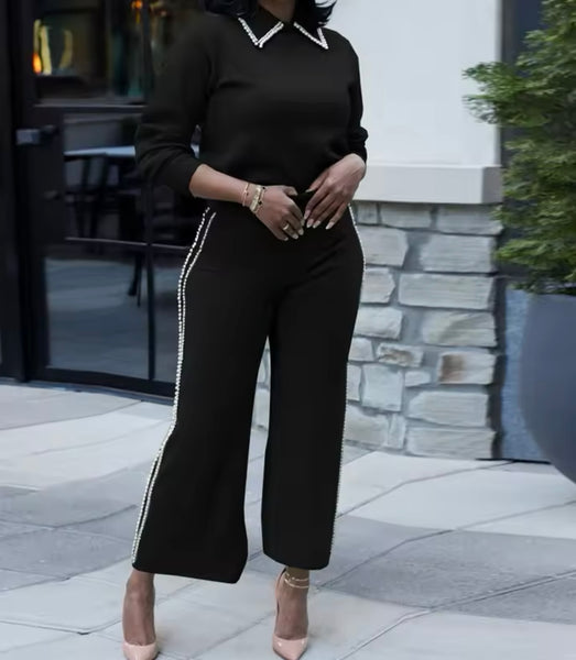 Women Fashion Black Beaded Patchwork Two Piece Pant Set