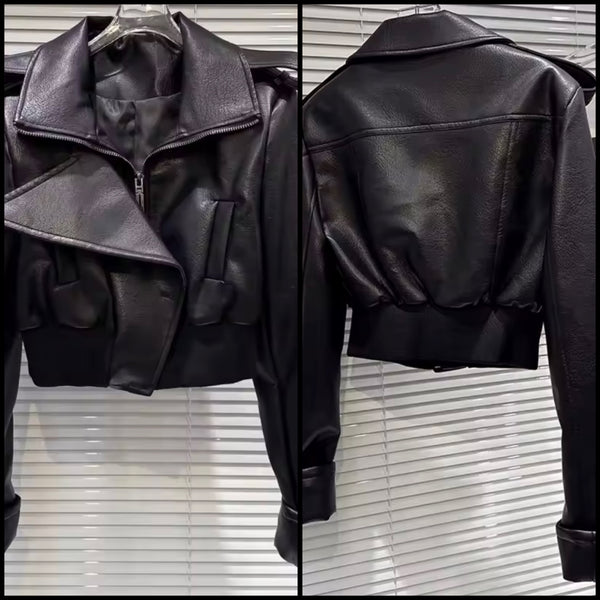 Women Black Faux Leather Fashion Jacket