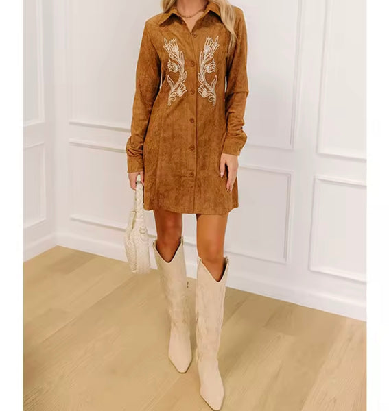 Women Fashion Printed Full Sleeve Button Up Suede Dress
