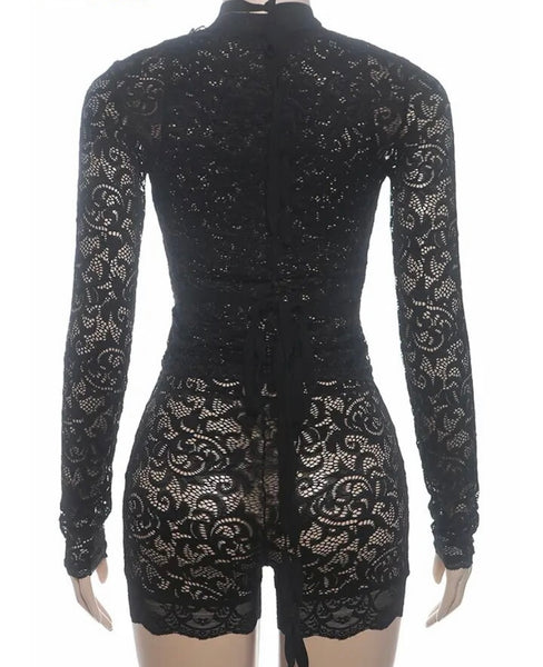 Women Black Sexy Full Sleeve Lace Romper