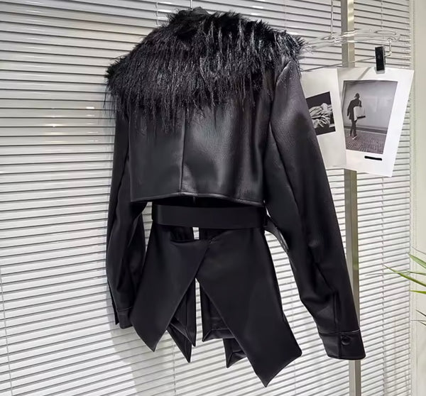 Women Black Fur Patchwork Faux Leather Open Back Jacket