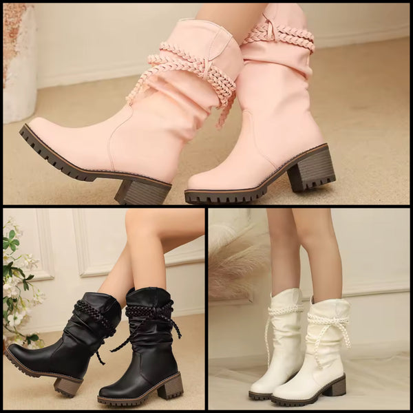 Women Fashion Ruched Rope Faux Leather Ankle Boots