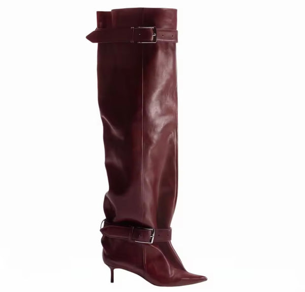Women Pointed Toe Double Buckle Knee High Boots