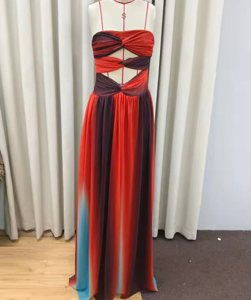 Women Sexy Strapless Cut Out Tie Dye Gradient Maxi Dress