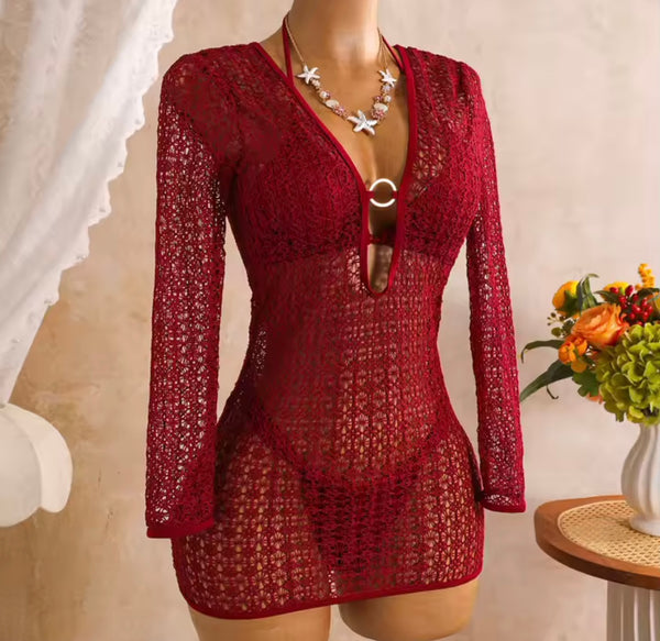 Women Sexy Halter Bikini Mesh Dress Cover Up Set