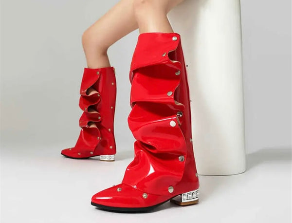 Women Fashion Pointed Toe Patent Leather Button Flat Boots
