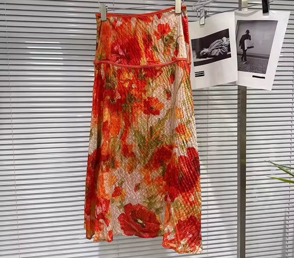 Women Red Short Sleeve Tie Up Two Piece Floral Maxi Skirt Set