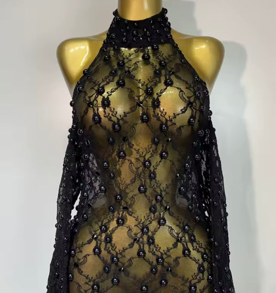 Women Black Sexy Beaded Halter Open Back Maxi Dress