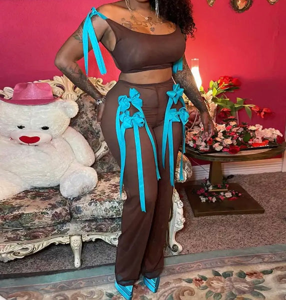Women Brown Blue Bow Mesh Sexy Sleeveless Two Piece Pant Set