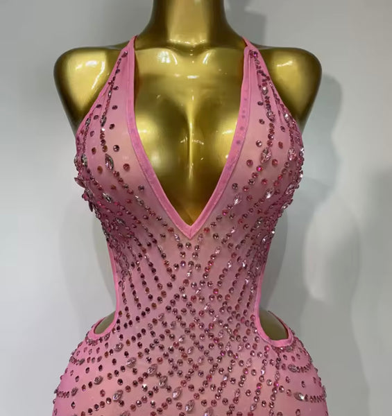 Women Pink Halter Sleeveless Color Rhinestone Mesh Maxi Dress