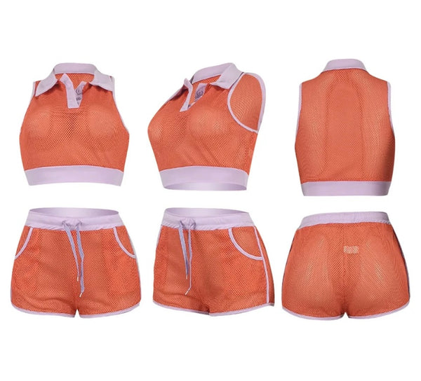 Women Sexy Sleeveless See Through Two Piece Short Set