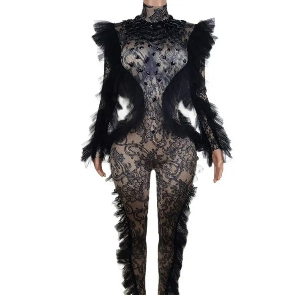 Women Sexy Black Ruffled Full Sleeve Crystal Lace Jumpsuit