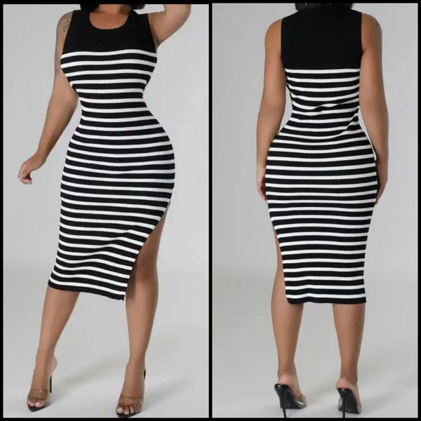 Women Sexy Sleeveless B&W Striped Side Split Dress