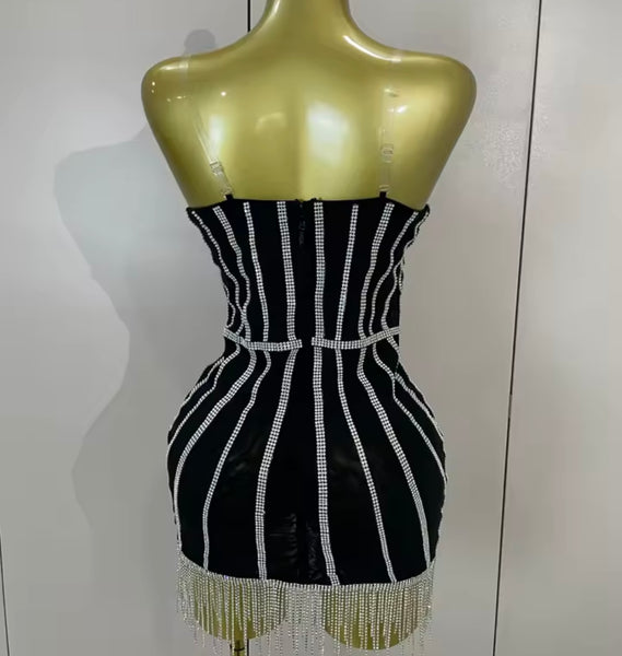 Women Sexy Sleeveless Black Rhinestone Tassel Dress