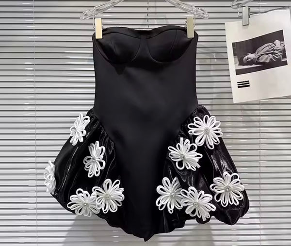 Women Strapless Sexy Black Bling 3D Floral Corset Dress