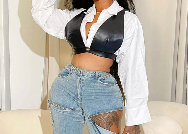 Women B&W Fashion Full Sleeve Faux Leather Two Piece Top Set