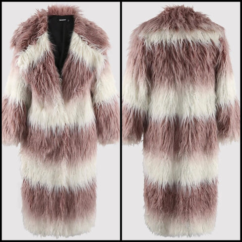 Women Color Patchwork Fashion Faux Fur Trench Jacket