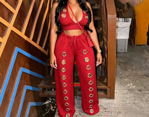 Women Fashion Halter Sleeveless Metal Ring Two Piece Pant Set