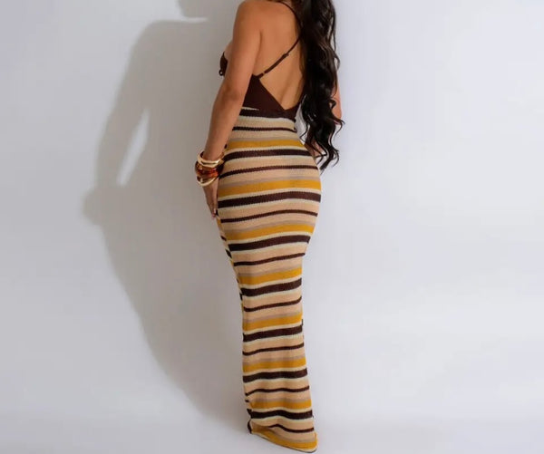 Women Sexy Sleeveless Colorful Striped Maxi Dress
