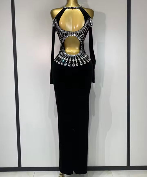 Women Sexy Black Bling Crystal Halter Full Sleeve Maxi Dress