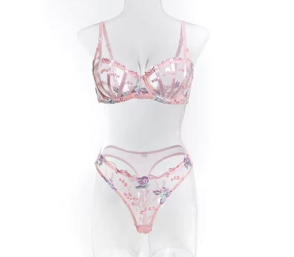Women Sexy Pink Floral Mesh Lingerie Set