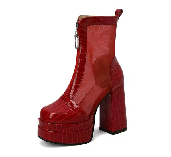 Women Fashion Platform Patent Leather Mesh Patchwork Ankle Boots