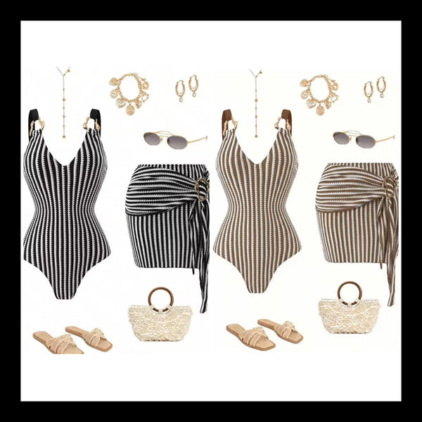 Women Sexy Striped Swimsuit Cover Up Set