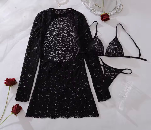 Women Black Lace Sexy Full Sleeve Three Piece Lingerie Set