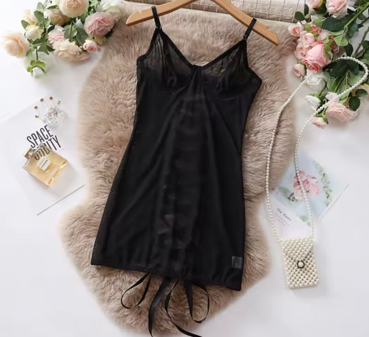 Women Sexy Sleeveless Open Back Lace Up Mesh Nightgown Lingerie